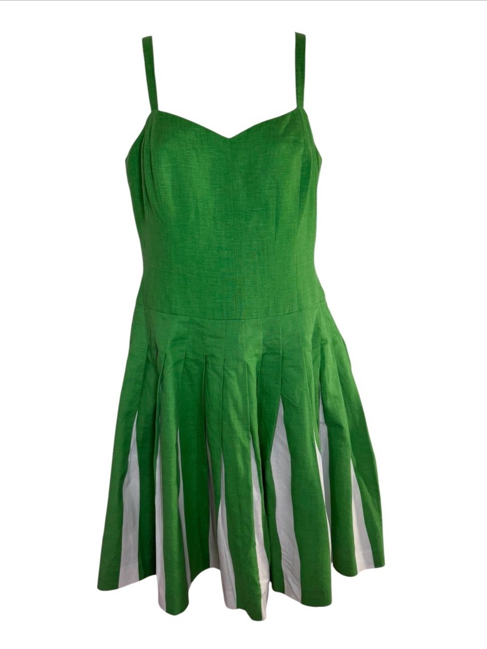 Boden Matilda Retro Green White Pleated Linen Cotton Blend Fit & Flare Dress 4R